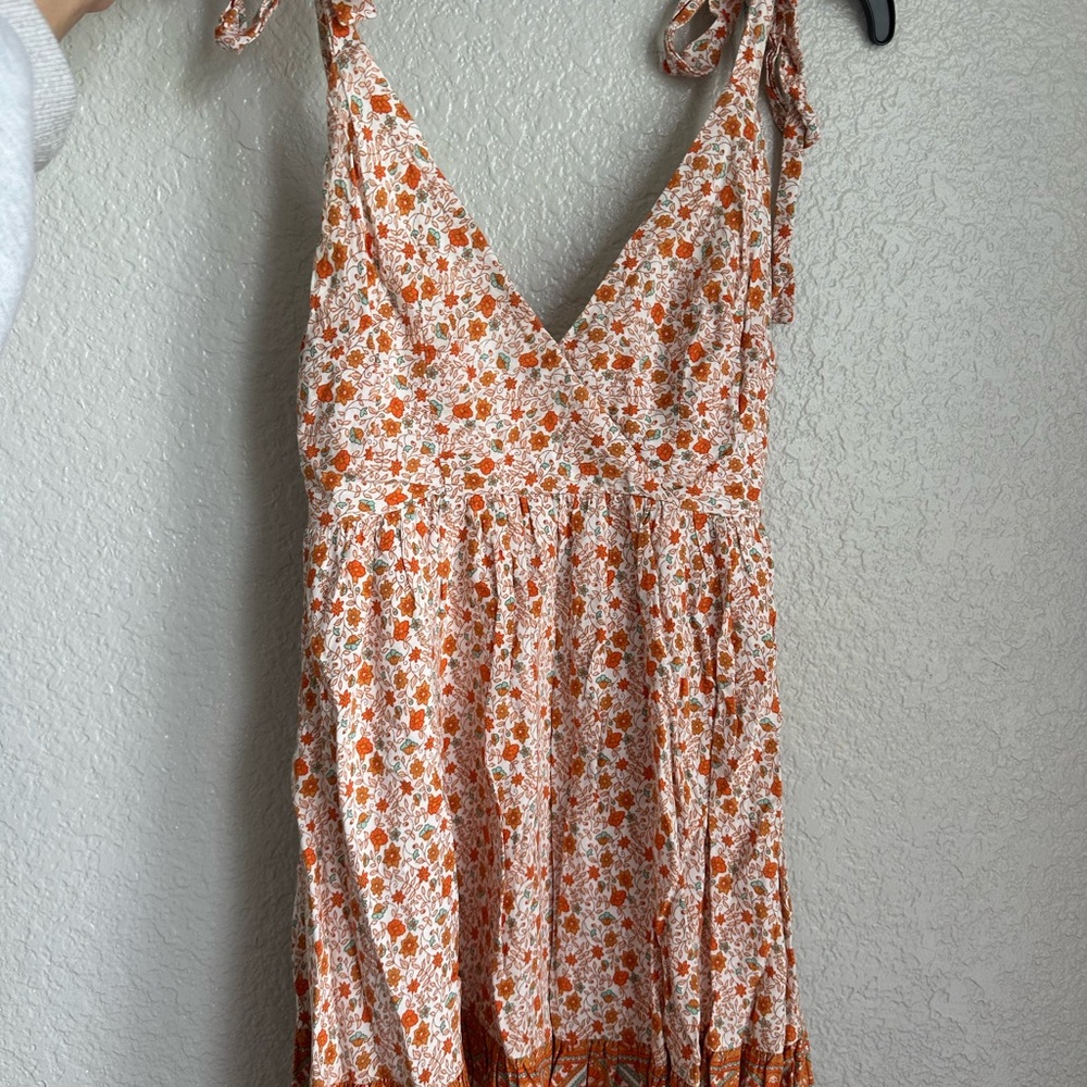 Floral Mini Dress with Tie Straps - Orange and White